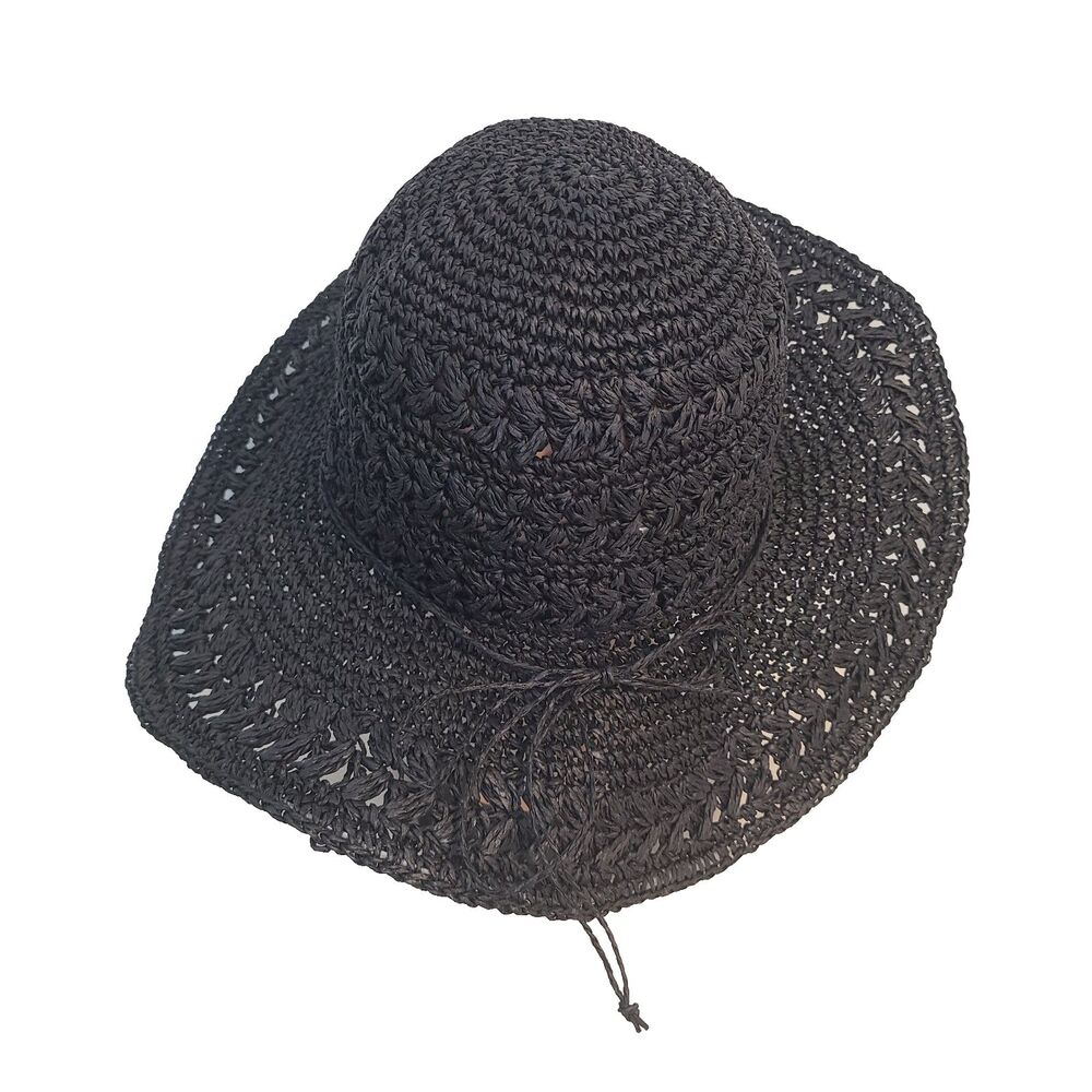 Scala Handmade Black Woven Straw Sun Hat Wide Brim Boho Coastal Beach OS Vacay
